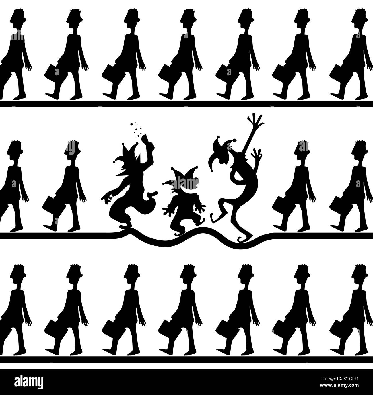 Konformität Spaß Cartoon clown schwarze Silhouetten, Vector Illustration, horizontal, über Weiß Stock Vektor