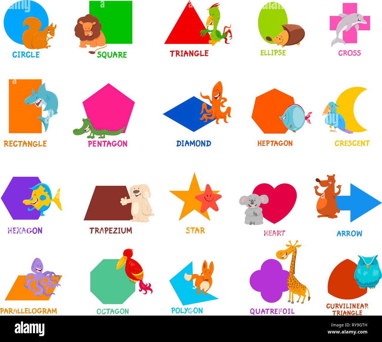 Cartoon Illustration der Pädagogischen geometrischen Grundformen für Vorschulkinder und Grundschüler mit Niedlichen Tier Zeichen Stock Vektor