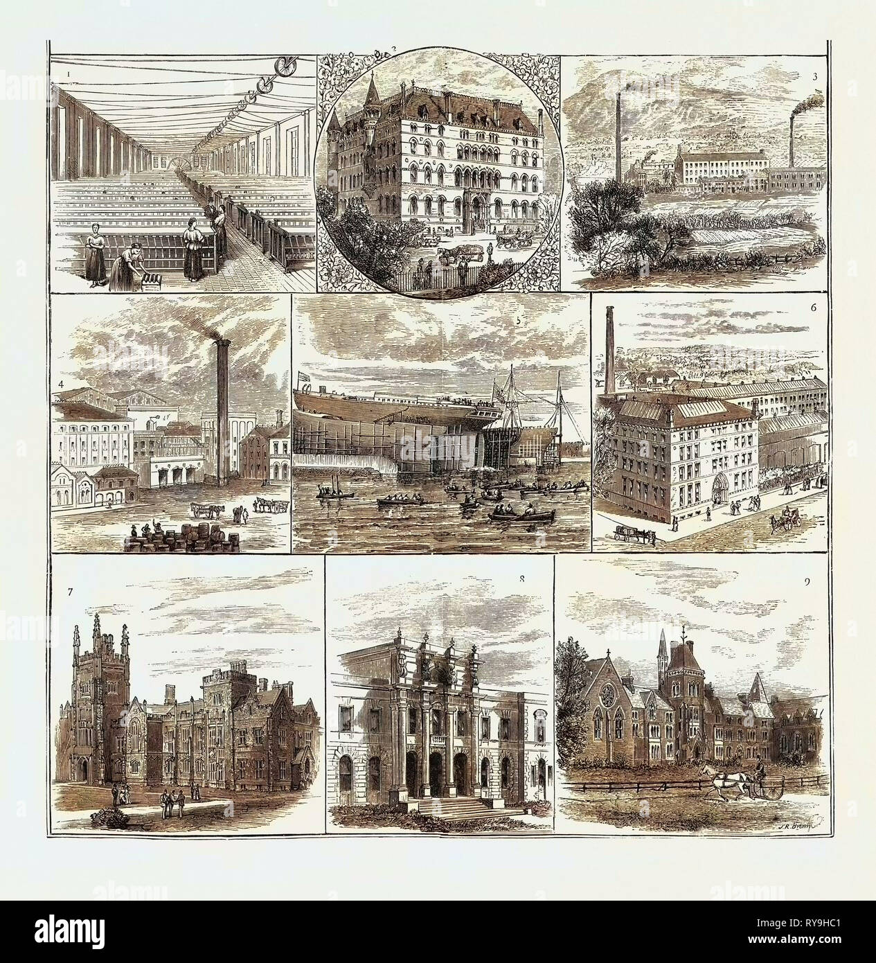 Belfast und ihre Industrien, Sitzung der British Association, August 22, 1874, 1. Spinnerei, Brookfield. 2. Richardson, Söhne und Owden's Warehouse. 3. Fenton, Sohn, und Connor's Bleichen funktioniert, Hyde Park. 4. Dunville's Distillery. 5. Einführung eines White Star Liner an der Queen's Island. 6. Marcus Ward und Co. Funktioniert. 7. Am Queen's College. 8. Presbyterian College. 9. Methodist College Stockfoto