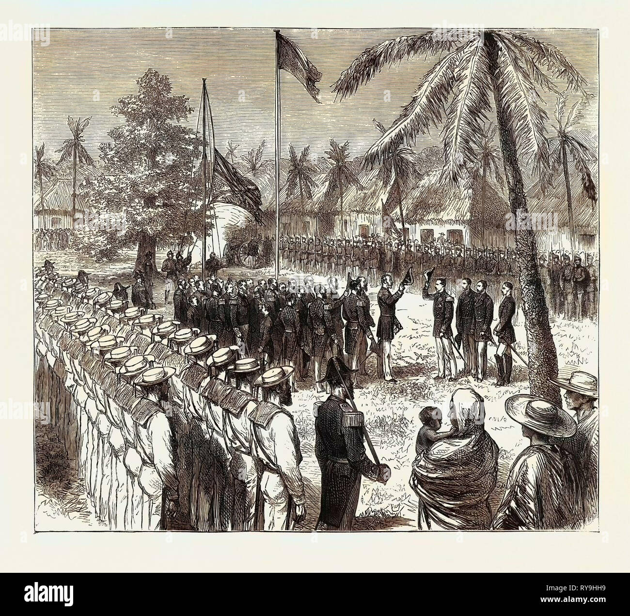 Die jüngsten Verbrechen auf der britische Konsul in Guatemala: Die guatemaltekische Truppen salutierte der britischen Flagge in der Plaza, San José, 4. September 1874 Stockfoto