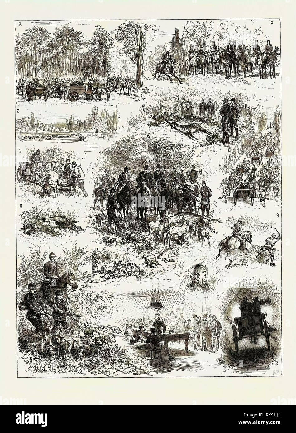 Besuch des Prinzen von Wales nach Frankreich, die Hirschjagd in Chantilly, 1. Das Rendezvous. 2. Die Jagd. 3. Der Hirsch in das Wasser. 4. Der Tod. 5. Die Hirsch zu sehen. 6. Bei der Vorstellung der Klauen und der Ehre der Prinz von Wales. 7. Durchführung der Toten Hirsch. 8. Ein Opfer nach Links auf dem Feld der Ehre. 9. Jäger und Hunde. 10. Quirle und Hunde. 11. Einige, Die Nicht jagen. 12. Ein Gast. 13. Hotel De Cygne, Rendezvous der Knechte. 14. Die Startseite der Hirsch Stockfoto