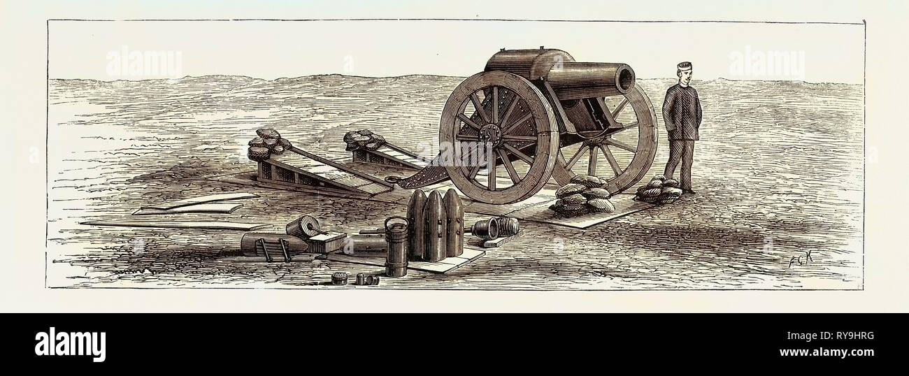 Belagerung Waffen- und Erdarbeiten, Artillerie Experimente in Eastbourne: Ein 46 Cwt. Haubitze auf seiner Plattform, mit temporären Sinnvoll der Schrägen Bohlen Stockfoto