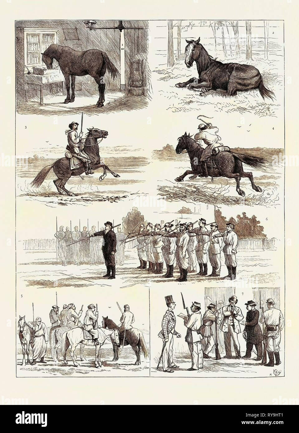 Die jüngste Revolution in der Argentinischen Konföderation, Skizzen in Buenos Aires 1. In seinem Besitzer Studie Stabled Beschlagnahme zu vermeiden. 2. Die befreite Veteran. 3. Eine Nationalgarde vor der Schlacht. 4. Eine Nationalgarde nach der Schlacht. 5. Pfadfinder auf der Look-Out für den Feind. 6. Lance Bohren. 7. U Papeleta?" ("Wo ist Dein Bescheinigung der Staatsangehörigkeit Stockfoto