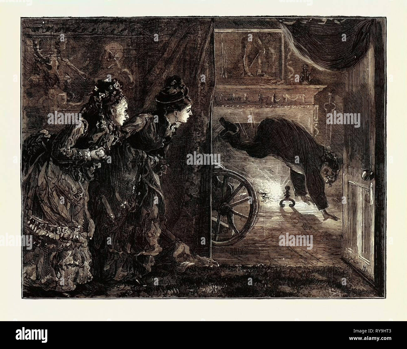 Bild Begleitenden "das Gesetz und die Dame: ein Roman', Kapitel XXIV, Miserrimus Dexter, der erste Blick", der Sie die letzten Worte ausgesprochen, "Eustace Macallan's zweite Frau, "dem Mann auf dem Stuhl sprang mit einem schrillen Schrei des Entsetzens, als hätte sie ihn erschossen. Für einen Moment sahen wir einen Kopf und Körper in der Luft, Absolut beraubt der unteren Gliedmaßen. Der Moment nach, die schreckliche Kreatur berührt den Boden so leicht wie ein Affe auf seinen Händen Stockfoto