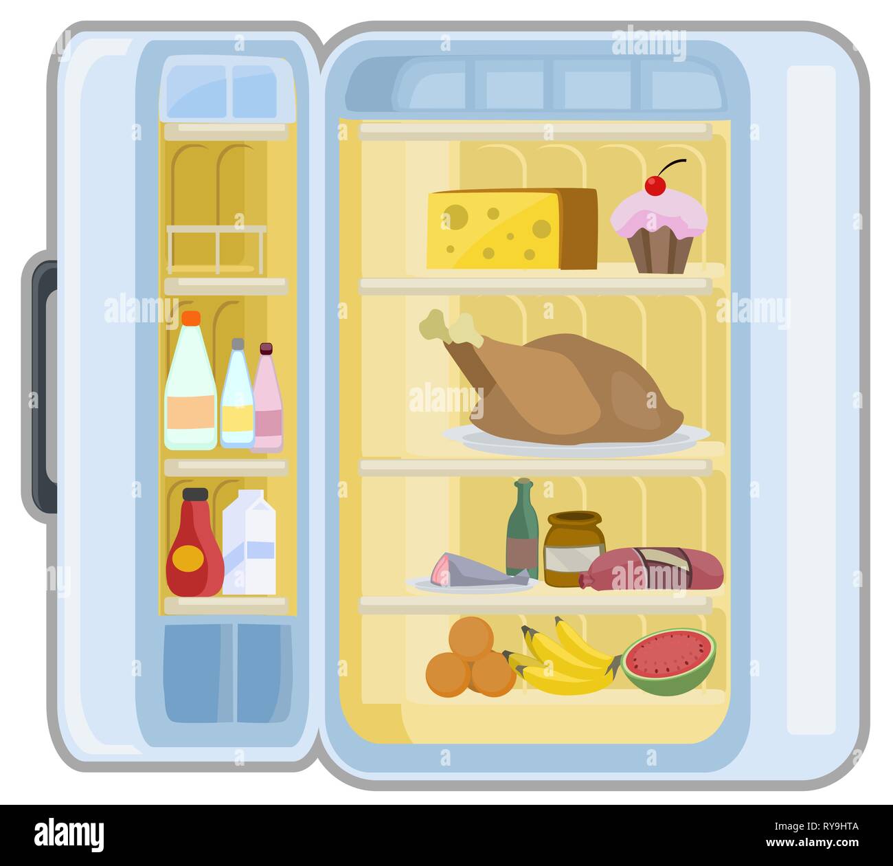 Essen Kühlschrank öffnen, Vektor Cartoon Illustration Design Element horizontal, über Weiß, isoliert Stock Vektor