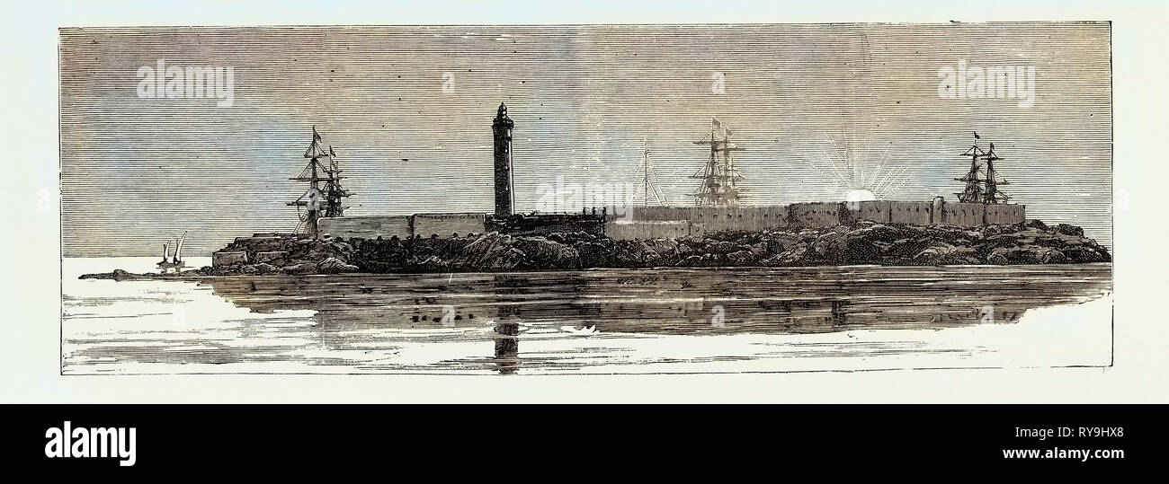 Vor der Bombardierung von Alexandria, 7. Juli 1882: Befestigungsanlagen der Leuchtturm und Kaserne Stockfoto