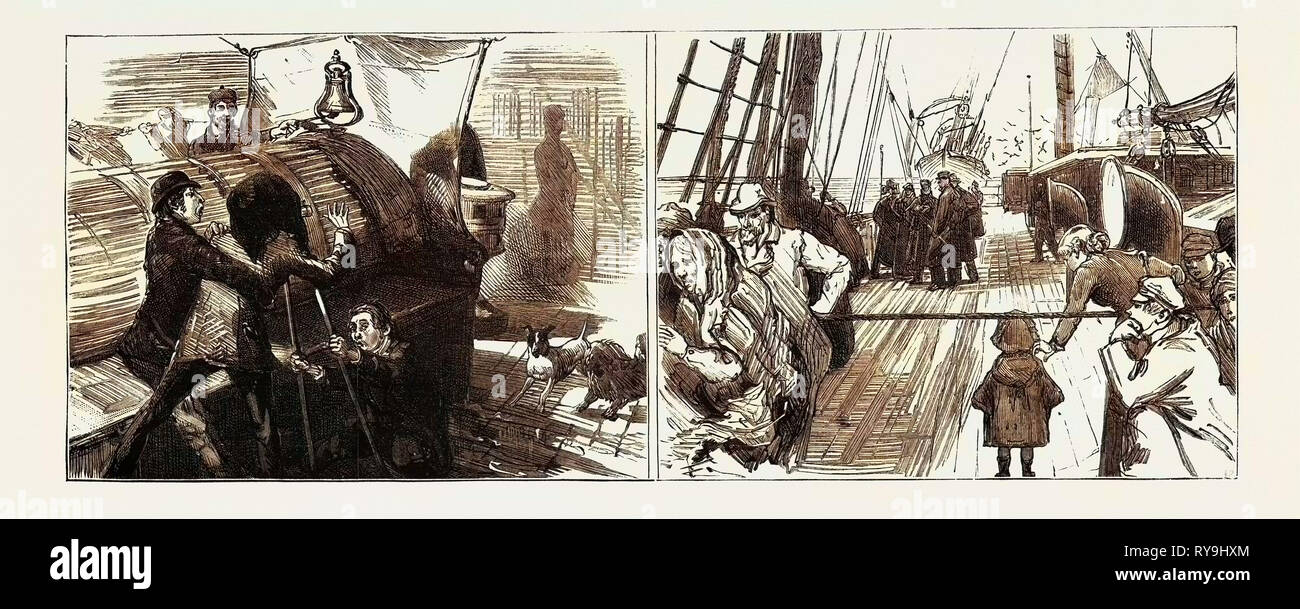 An Bord der "armatian" während der jüngsten Reise der Prinzessin Louise über den Atlantik: Fotografie': Die Prinzessin ist nur Kommen" (Links), Land Ho! Ein junger Emigrant Kreuzung der Linie (rechts Stockfoto