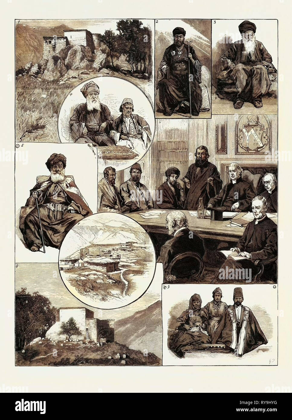 Die Mission der assyrischen Christen in Kurdistan: 1. Der Patriarch der Kirche Kochanes, Osten, 2. Der Patriarch Mar Shimoor, 3. Der erzdiakon von Tyari, 4. Benjamin und Isa, Vater und Half-Brother des Patriarchen, 5. Nathan, der Patriarch Onkel, 6. Das Treffen in Lambeth Palace, 7. Das Dorf Kochanes, 8. Die Kirche an Kochanes, 9. Persische nestorianische Priester und Damen Stockfoto