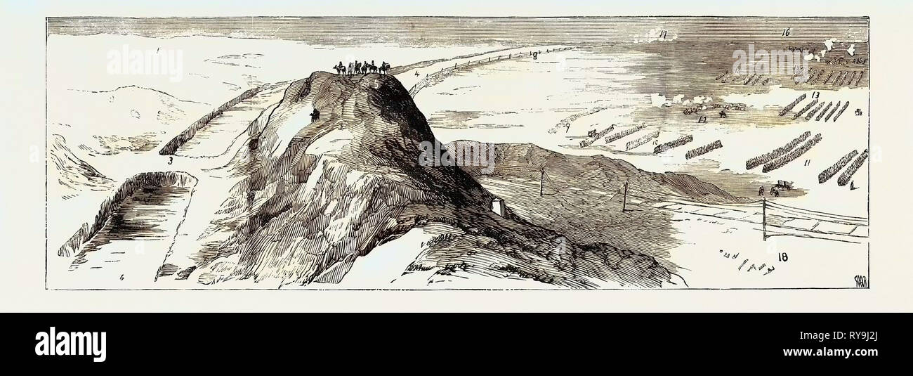 Der Krieg in Ägypten: Die Position von Sir Garnet Wolseley und Personal während der Engagement bei Mahuta, August 25: 1. Ebene mit wenig Vegetation, 2. Sand Hills über 40 Ft. Hoch, 3. Staudamm von Sand, 4. Die Fresh-Water Canal 5. Sir Garnet Wolseley, die Herzöge von Connaught, Teck, und die Mitarbeiter der Offiziere, 6. Verflixtes von Sand auf der Bahn, 7. Verlassene Zelte, 8. Die Bahn entlang der der Feind sich zurückzogen, 9. Leitung des Gewehrs, Gruben, 10. Die York und Lancaster Regimenter, 11. Zweiten Bataillon des Herzogs von Cornwall Leichte Infanterie, 12. Royal Horse artillery, 13. Marines und Coldstream Guards, 14. Grenadier Guards, 15. Stockfoto