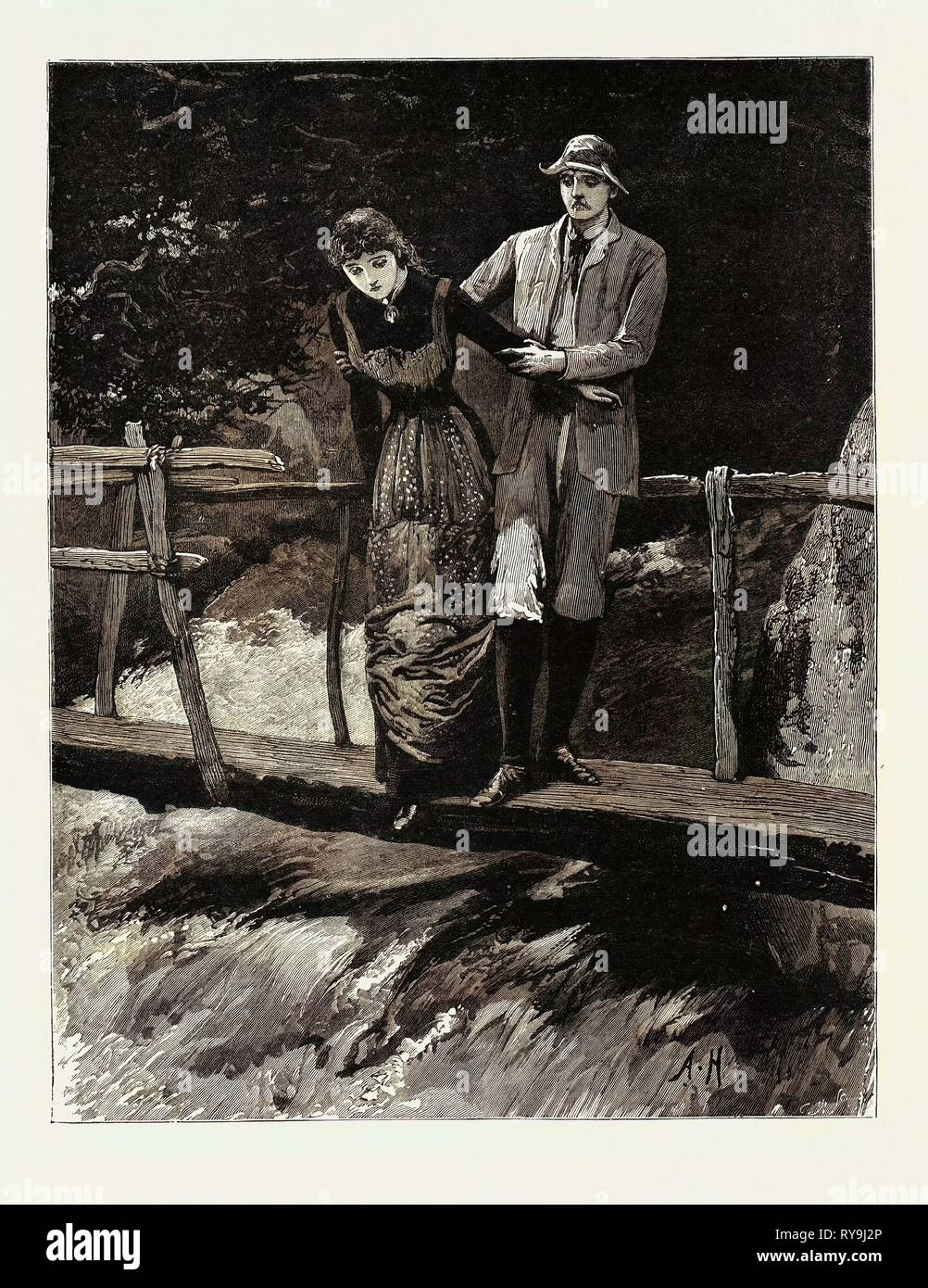 Kit, einem Speicher, Frank fand sich allein mit Trenna auf das Kleine rustikale Brücke, dass der Wasserfall Überspannte Stockfoto