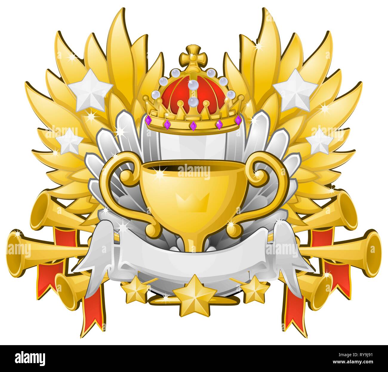 Award emblem Trophäe, den ersten Platz Gold Cup, Farbe Vector Illustration Design, horizontal, über Weiß, isoliert Stock Vektor