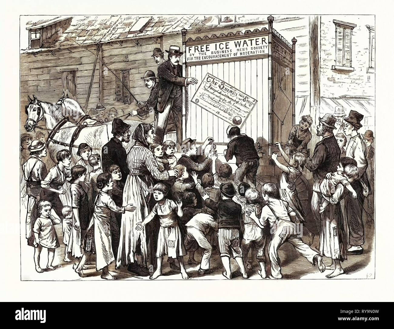 New York City: Kostenlose Verteilung von Ice-Water von der Business Männer Moderation Gesellschaft. Eine Szene aus dem italienischen Viertel. Usa, Gravur 1880 1881 Stockfoto