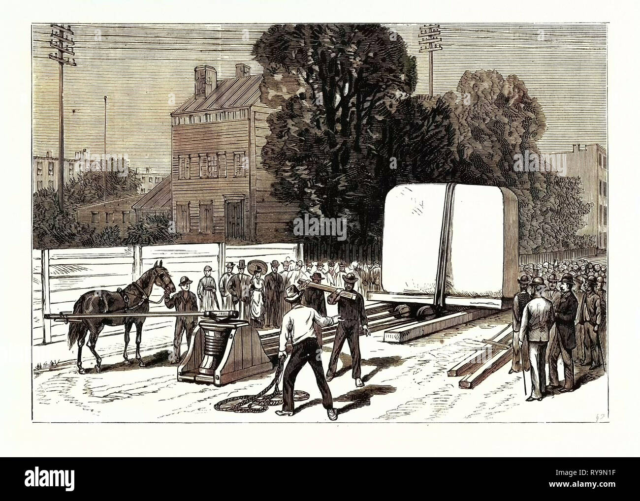 New York: Ausbau der Sockel des Obelisken von der Anlegestelle auf die Website im Central Park, USA, Gravur 1880 1881 Stockfoto