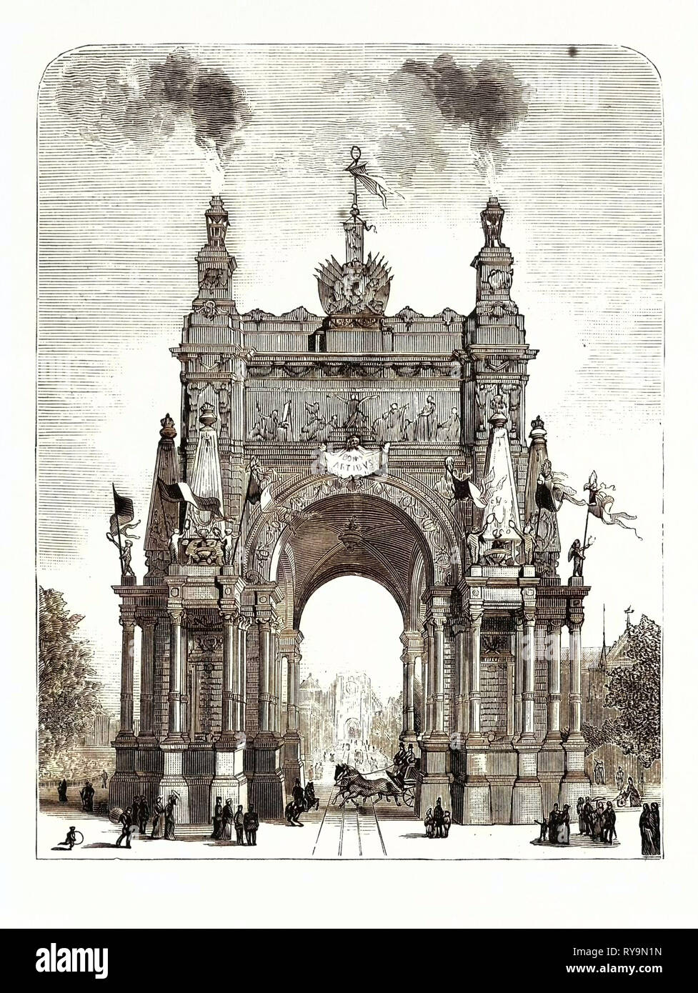 Belgien: Das Memorial Arch of Triumph zu Brüssel, Gravur 1880 1881 Stockfoto