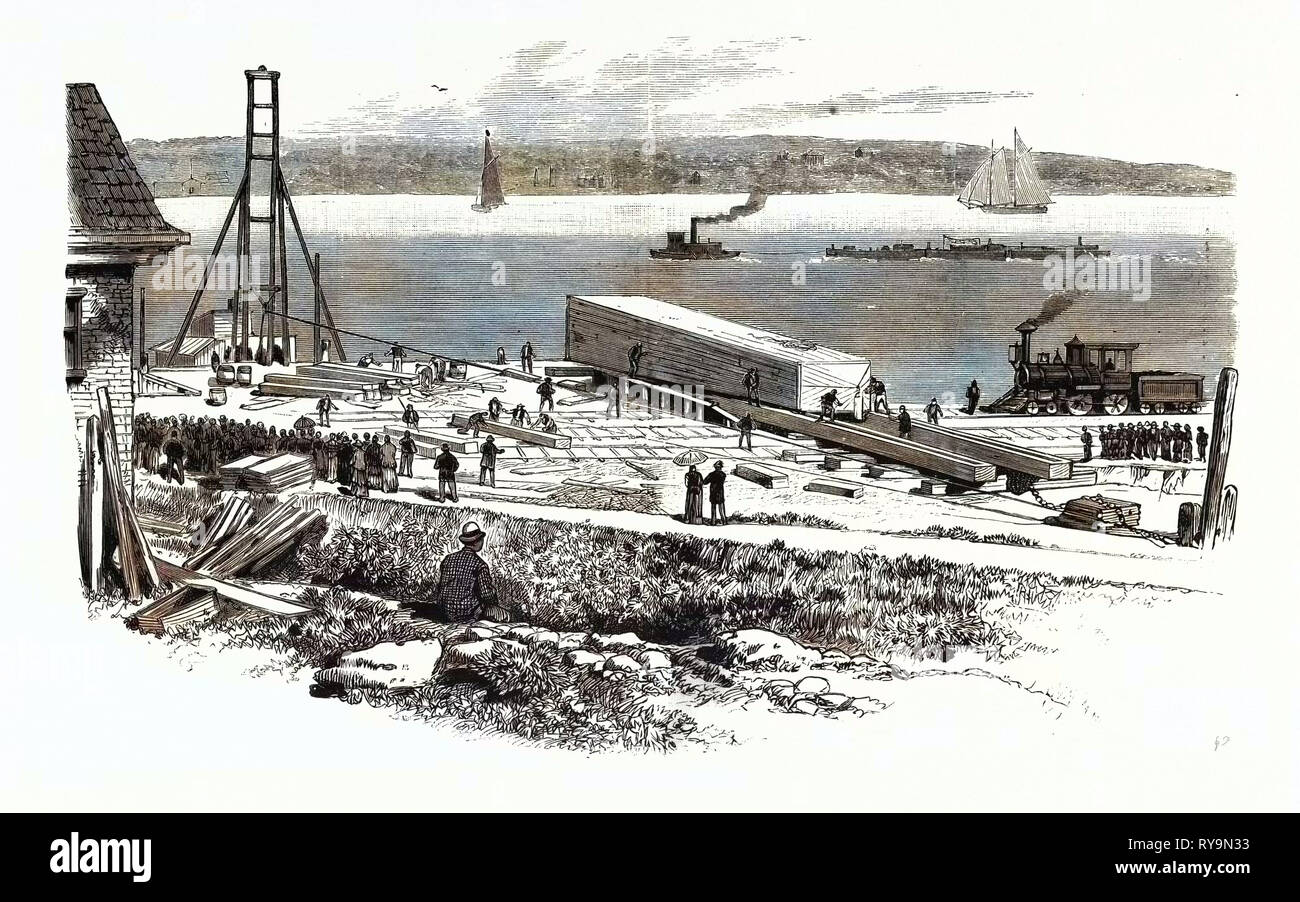 New York: Der Ausbau der Obelisk vom Fuße des Ninety-Sixth Straße auf der Website in den Central Park. Usa, Gravur 1880 1881 Stockfoto
