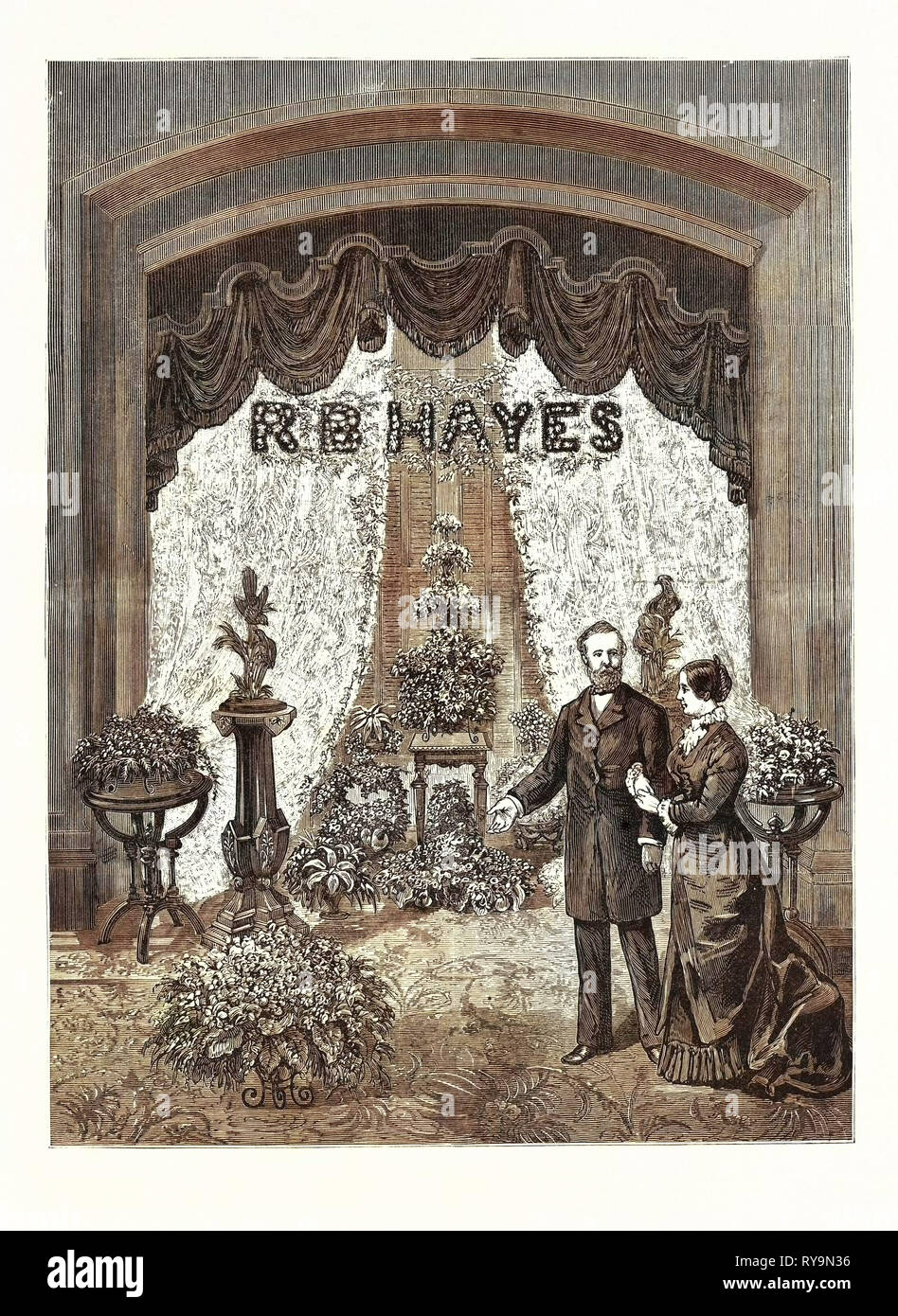 Kalifornien: Besuch von Präsident Hayes und Party in San Francisco, die florale Dekoration der Salon im Palace Hotel. Usa, Gravur 1880 1881 Stockfoto