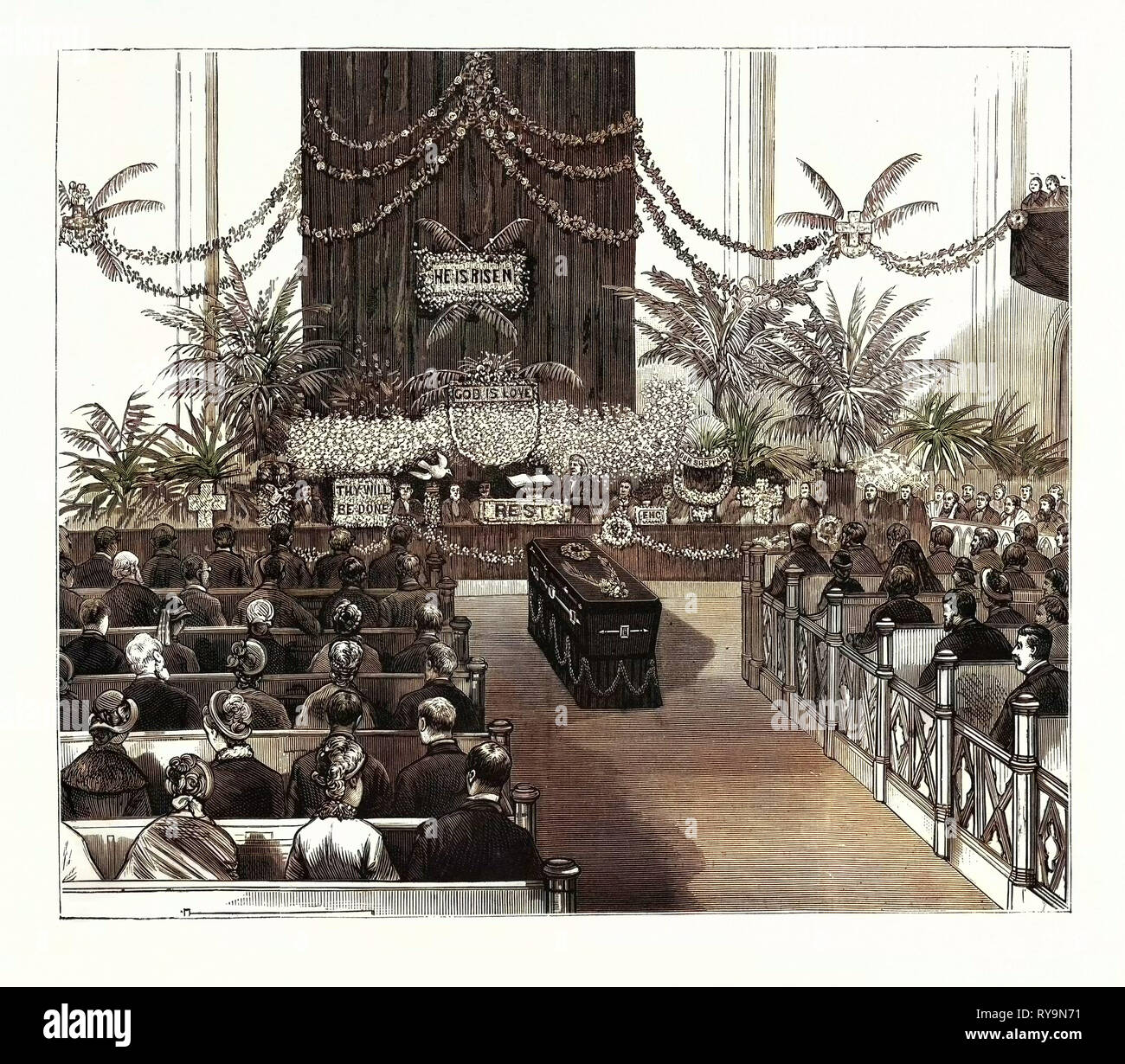 New York: Begräbnis Dienstleistungen über die Reste der späten Pfr. Dr. Edwin H. Chapin, die Floral Tribute am Altar. Usa, Gravur 1880 1881 Stockfoto