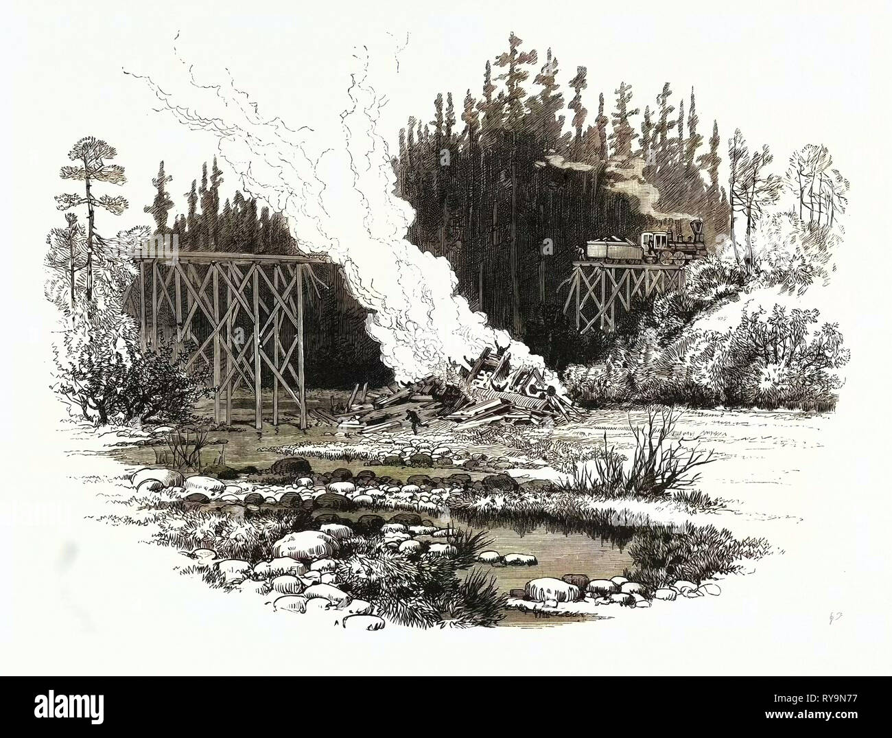 North Carolina: Ruinierung der Personen- und Güterverkehr der Bahn am Indian Creek Trestle, Dezember. Usa, Gravur 1880 1881 Stockfoto