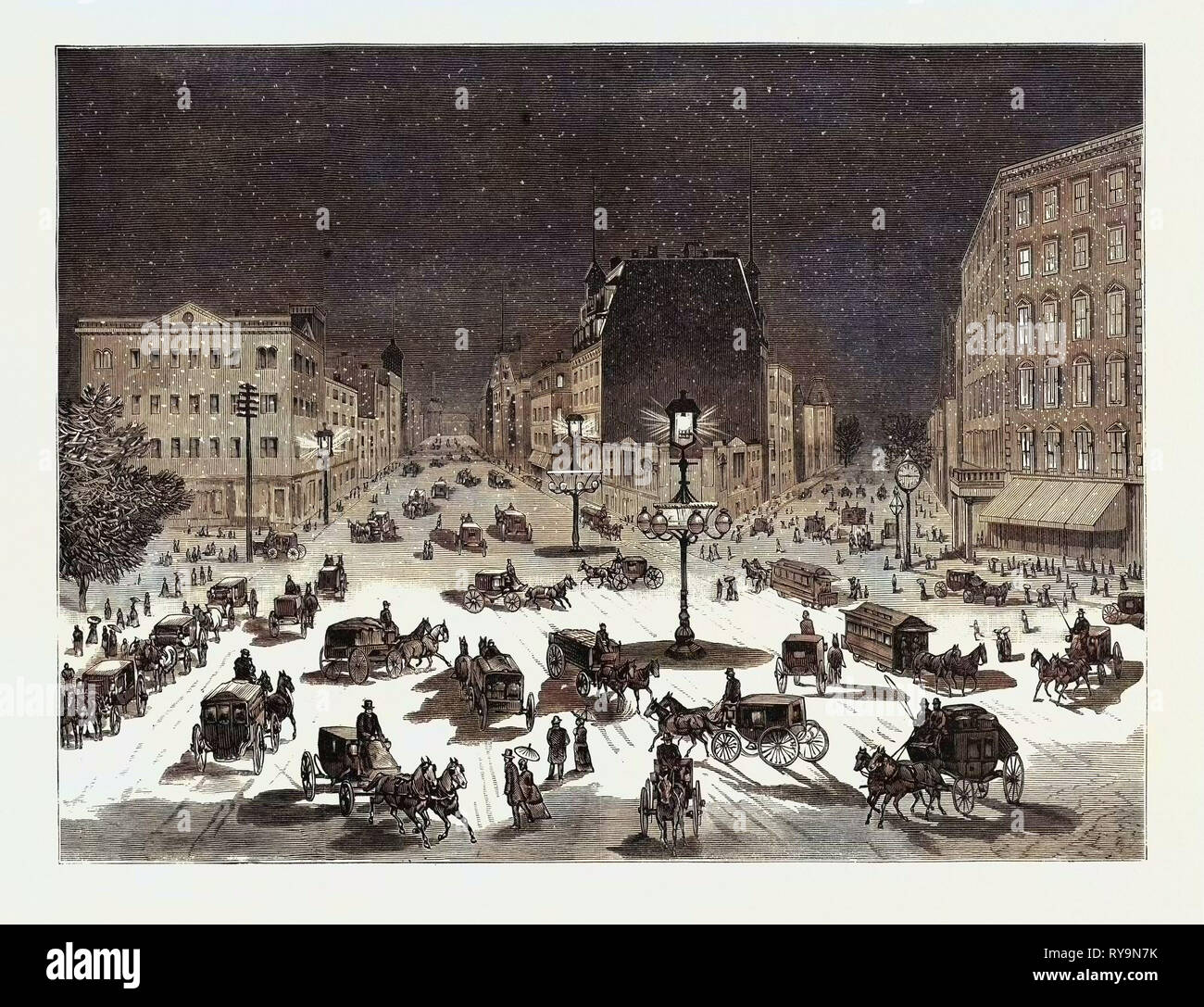 New York: Anpassung der Bürste elektrisches Licht an die Beleuchtung der Straßen, eine Szene, in der Nähe der Fifth Avenue Hotel. Usa, Gravur 1880 1881 Stockfoto