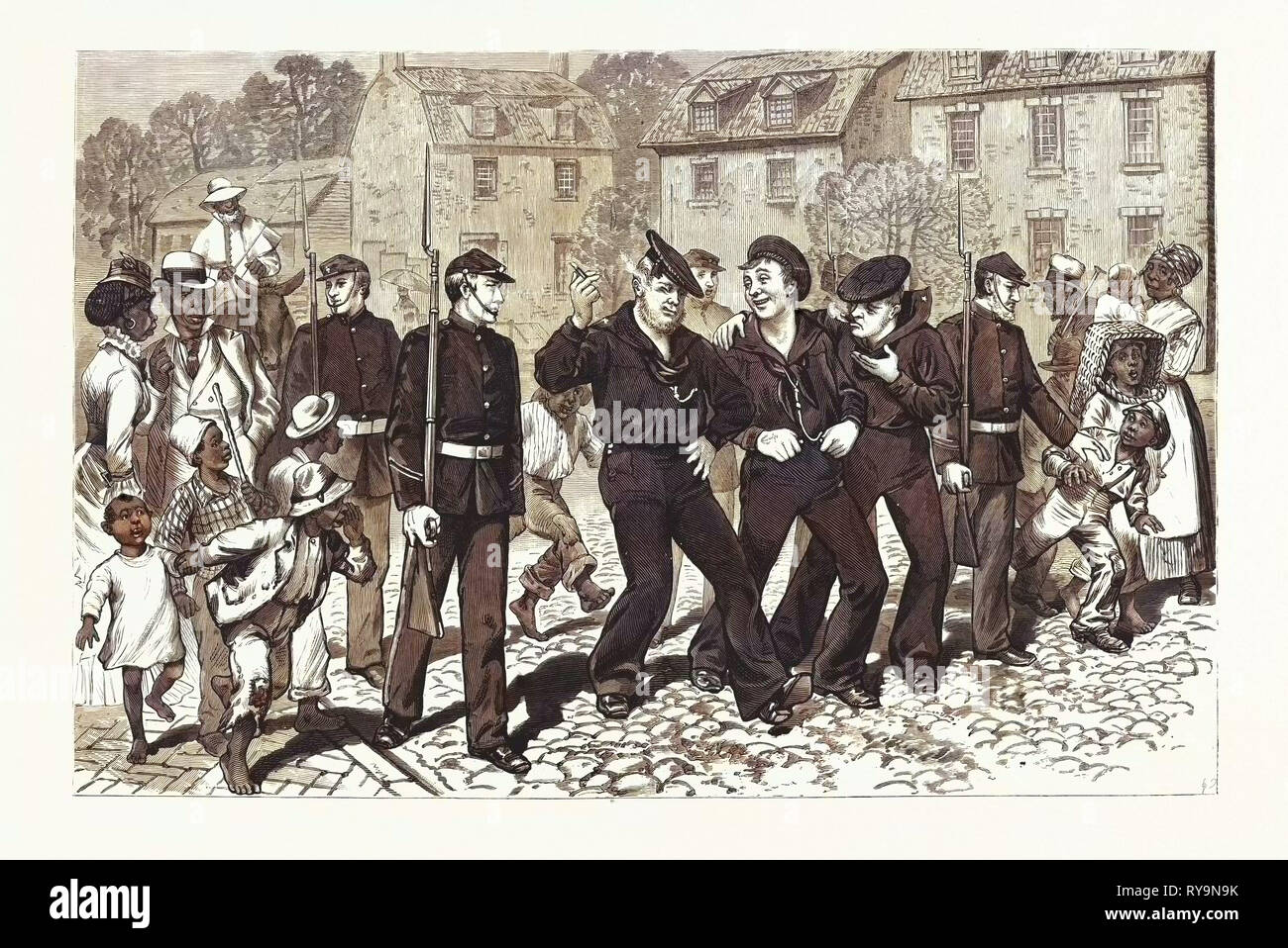 Virginia: Nach dem Naval Review bei Hampton Roads, Marines Erfassung Delinquenten Segler in den Straßen von Norfolk. Usa, Gravur 1880 1881 Stockfoto