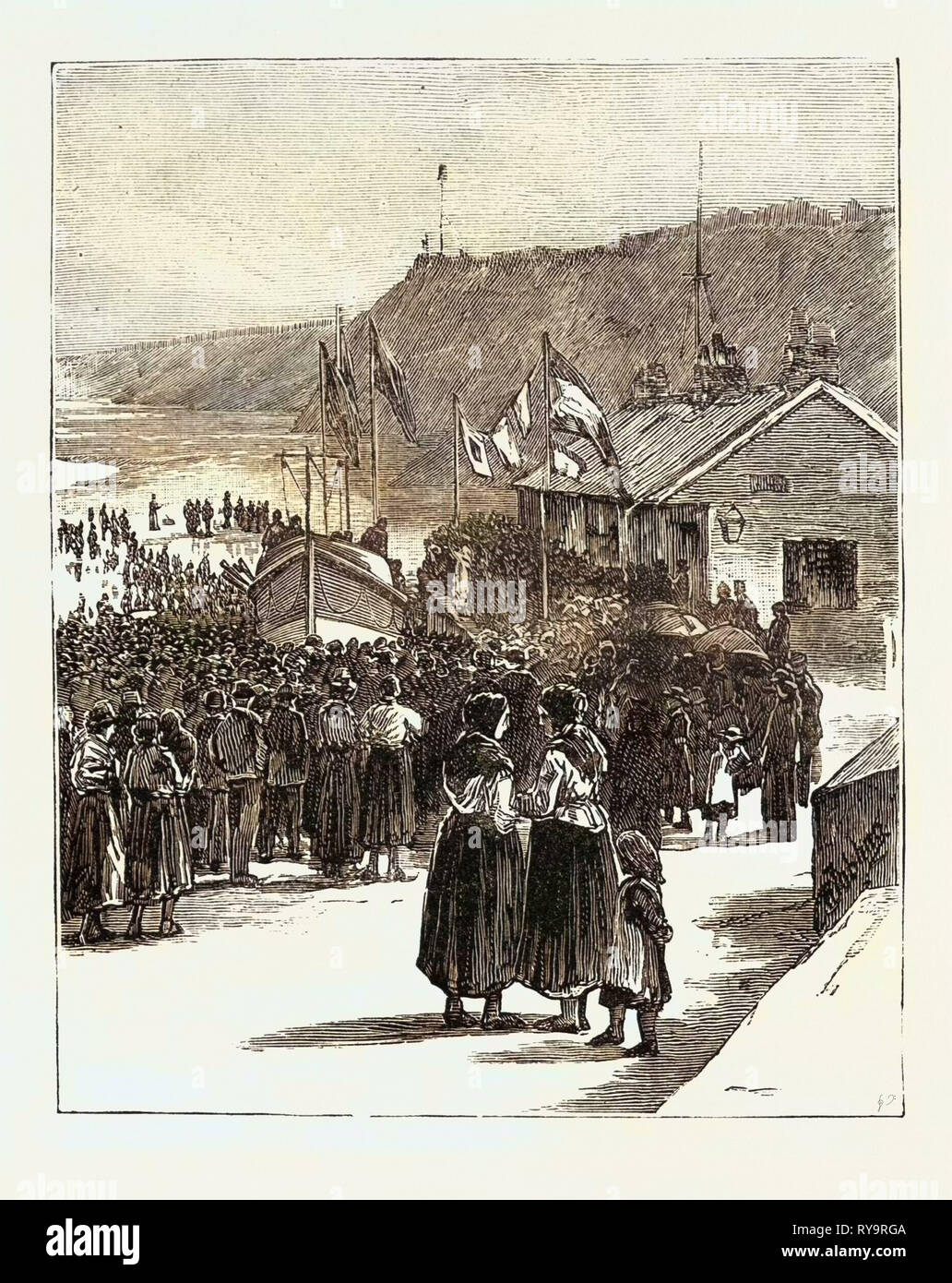 Der Gottesdienst vor dem Start bei cullercoats Northumberland, Gravur 1884, Großbritannien, Großbritannien, England, Europa, Großbritannien, Großbritannien, europäischen Stockfoto