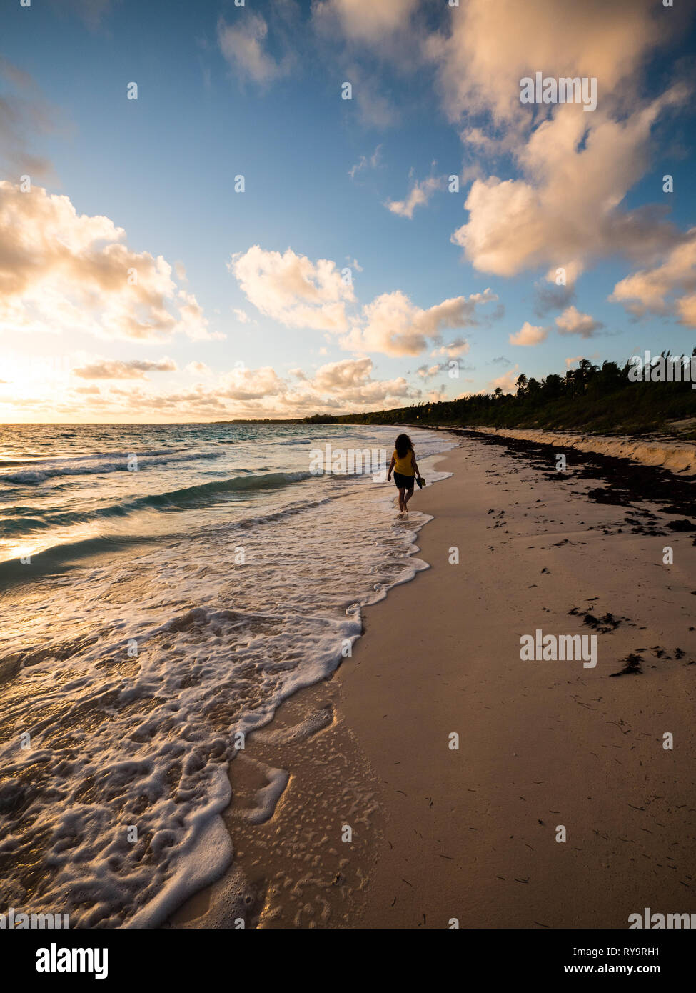 Frau Wandern auf wunderschönen tropischen Strand, am frühen Morgen, Governors Harbour, Eleuthera, Bahamas, in der Karibik. Stockfoto