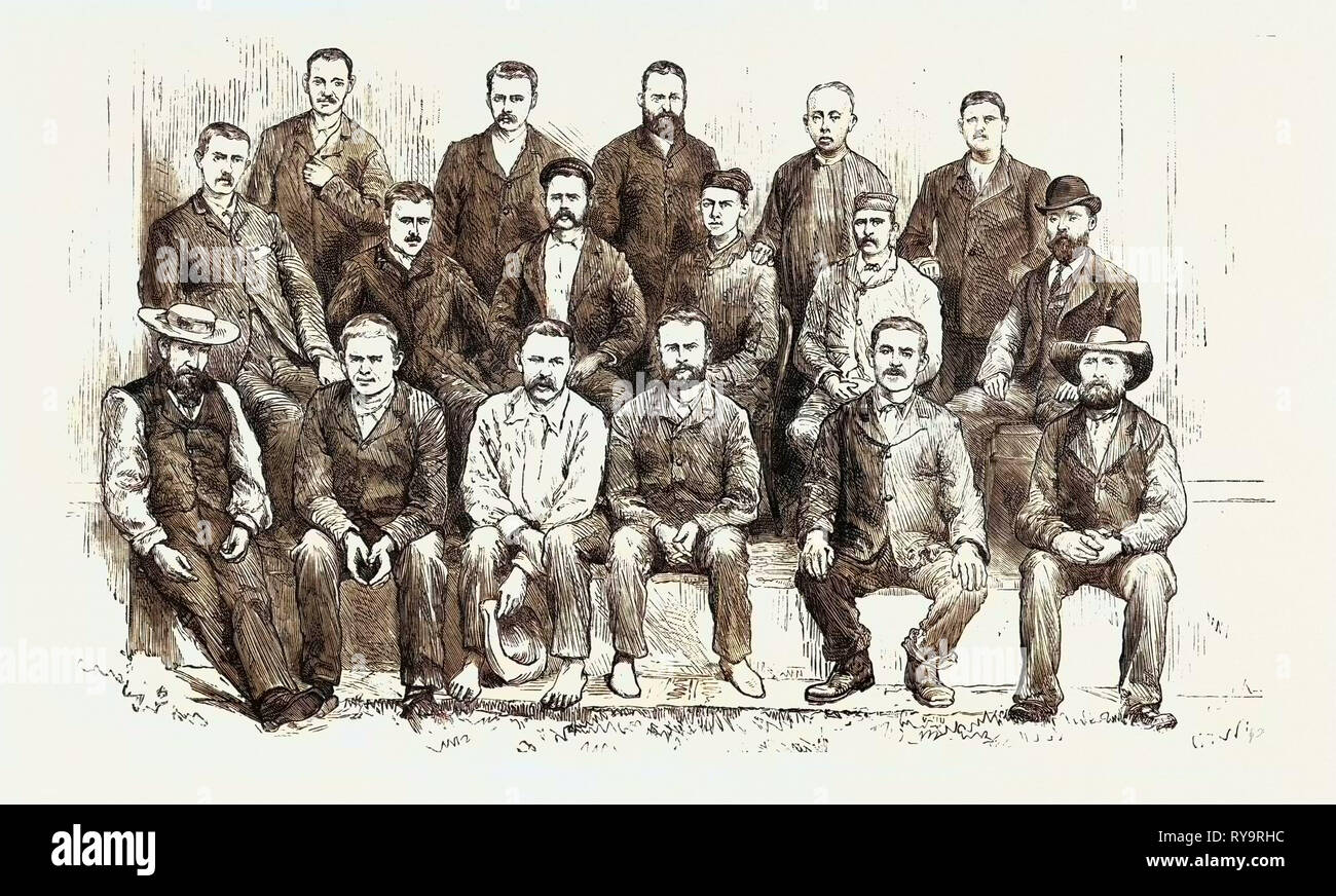 Die Crew des Nisero, Entlassung aus der Gefangenschaft von der Rajah von Tenom, Acheen, Tenom ist eine Stadt in der Division Interior von Sabah, Ostmalaysia auf der Insel Borneo. Die Stadt wurde Fort Birke in der frühen Kolonialzeit genannt. Gravur 1884 Stockfoto