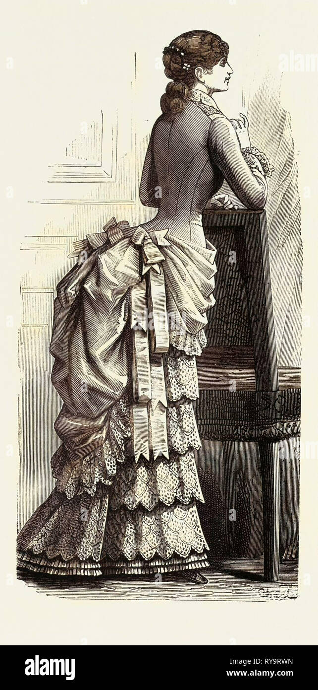 Die junge Dame Demi-Toilette zurück, Mode, Gravur 1882 Stockfoto