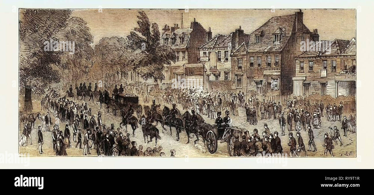 Ankunft der Prozession an Chislehurst, Großbritannien, der Beerdigung des Prinzen Louis Napoleon, Gravur 1879 Stockfoto