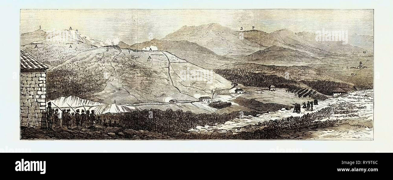 Der Bürgerkrieg in Spanien: Schlacht von Galdames, April 30, 1874, Blick von den Höhen des Montellano: 1. Galdames Berge. 2. Kalkstein Klippe. 3. Wagenliste Intrenchment. 4. Eisenbahn der Iron-Mines. 5. Berge von Sopuerta. 6. Galdames Inn. 7. Holz voller Carlists. 8. San Felice Brücke. 9. Dorf Mercadillo. 10. Straße nach Valmaseda. 11. Häuser der Mercadillo. A, a, a Wagenliste Intrenchments. B. Carlists zurückziehen. C. in der linken Flügel der Concha's Army. D. Saragosa Regiment, die eine fingierte Angriff auf die carlists. E. in der Batterie. F. in der Concha die Truppen Stockfoto