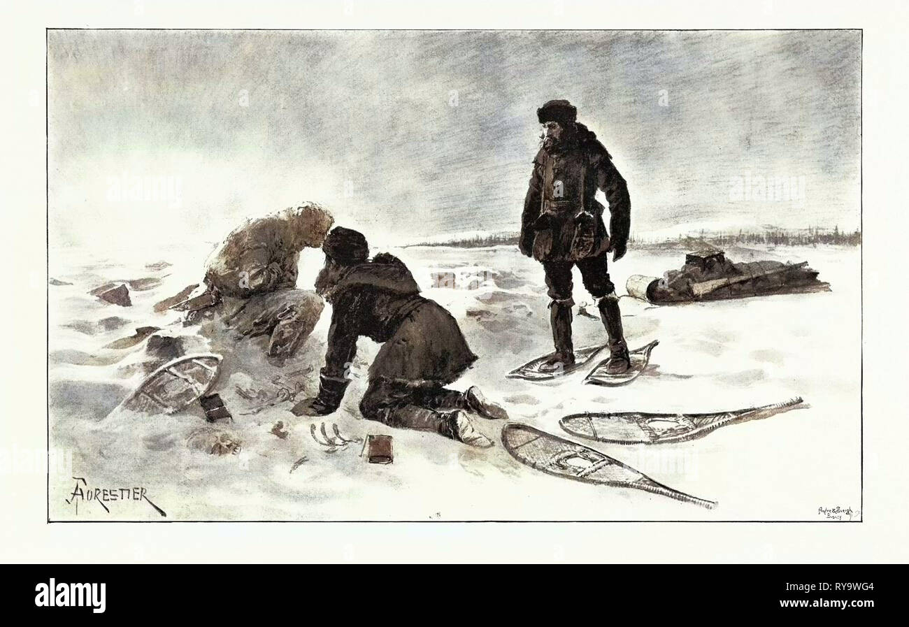 Die White Chief Hob das Buch und Bleistift, und dann kniete nieder und blickte in das Gesicht des toten Menschen, die alle hart wie Stein und Verkrustet mit Frost, 1893 Gravur Stockfoto