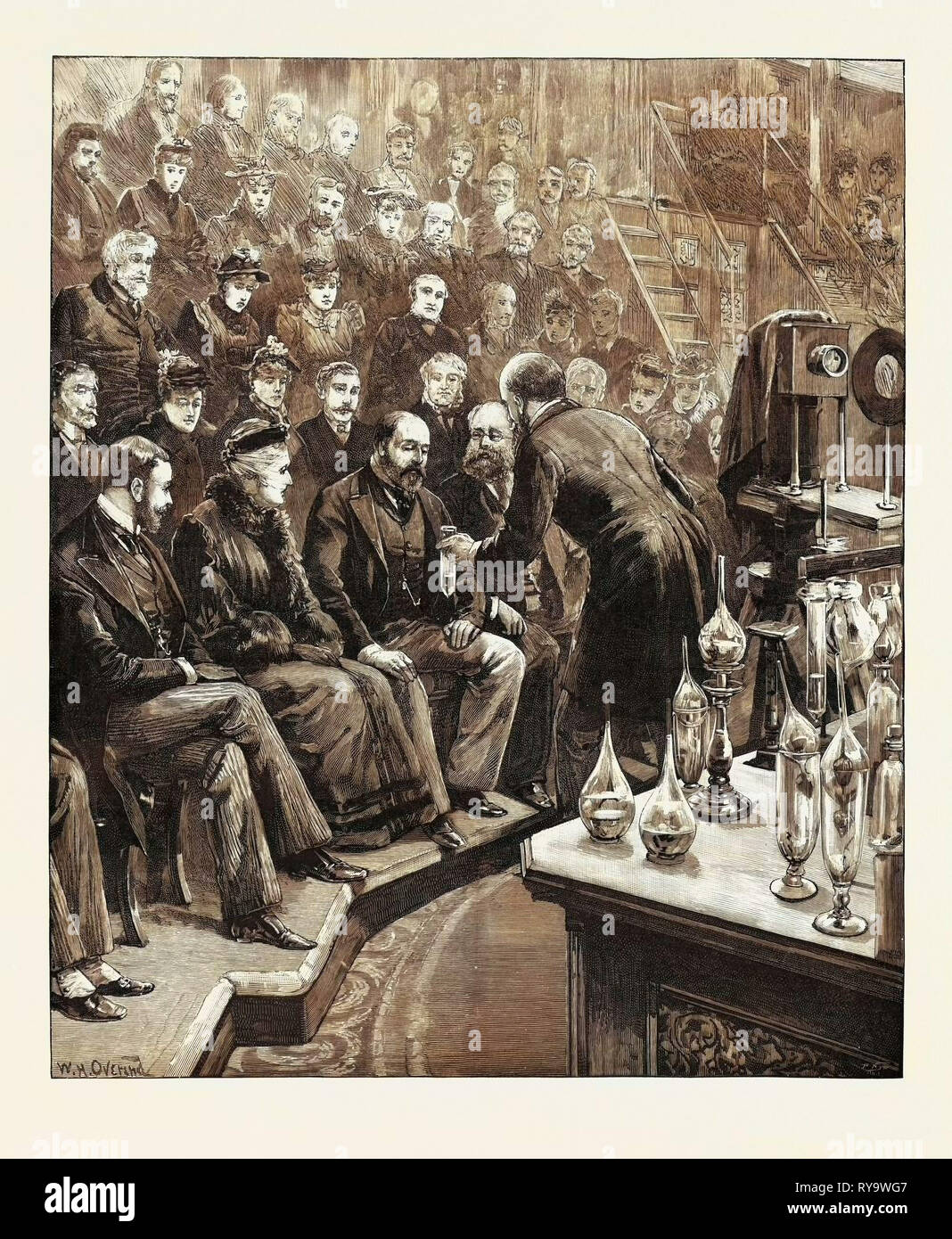 Der Prinz von Wales und der Herzog von York an der Royal Institution: Professor Dewar Vorlesungstätigkeiten über Flüssige Luft, UK, 1893 Gravur Stockfoto