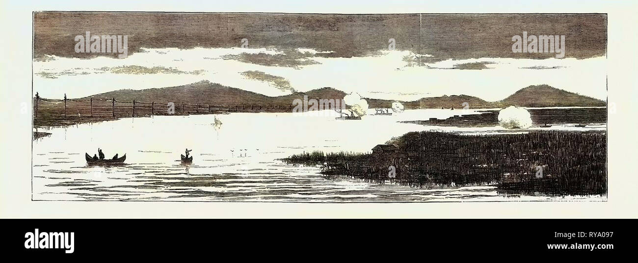 Der Krieg im Osten: Mit der Türken, Russischen Torpedoboote angreifenden Türkischen Kreuzer auf dem Sulina-Arm der Donau Stockfoto