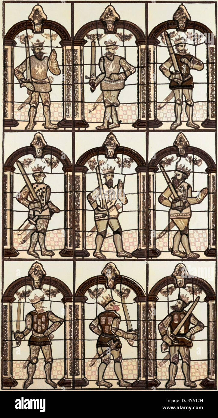 Bemalte Fenster zwei sächsischen Grafen von Mercia und Sieben normannischen Grafen von Chester Stockfoto