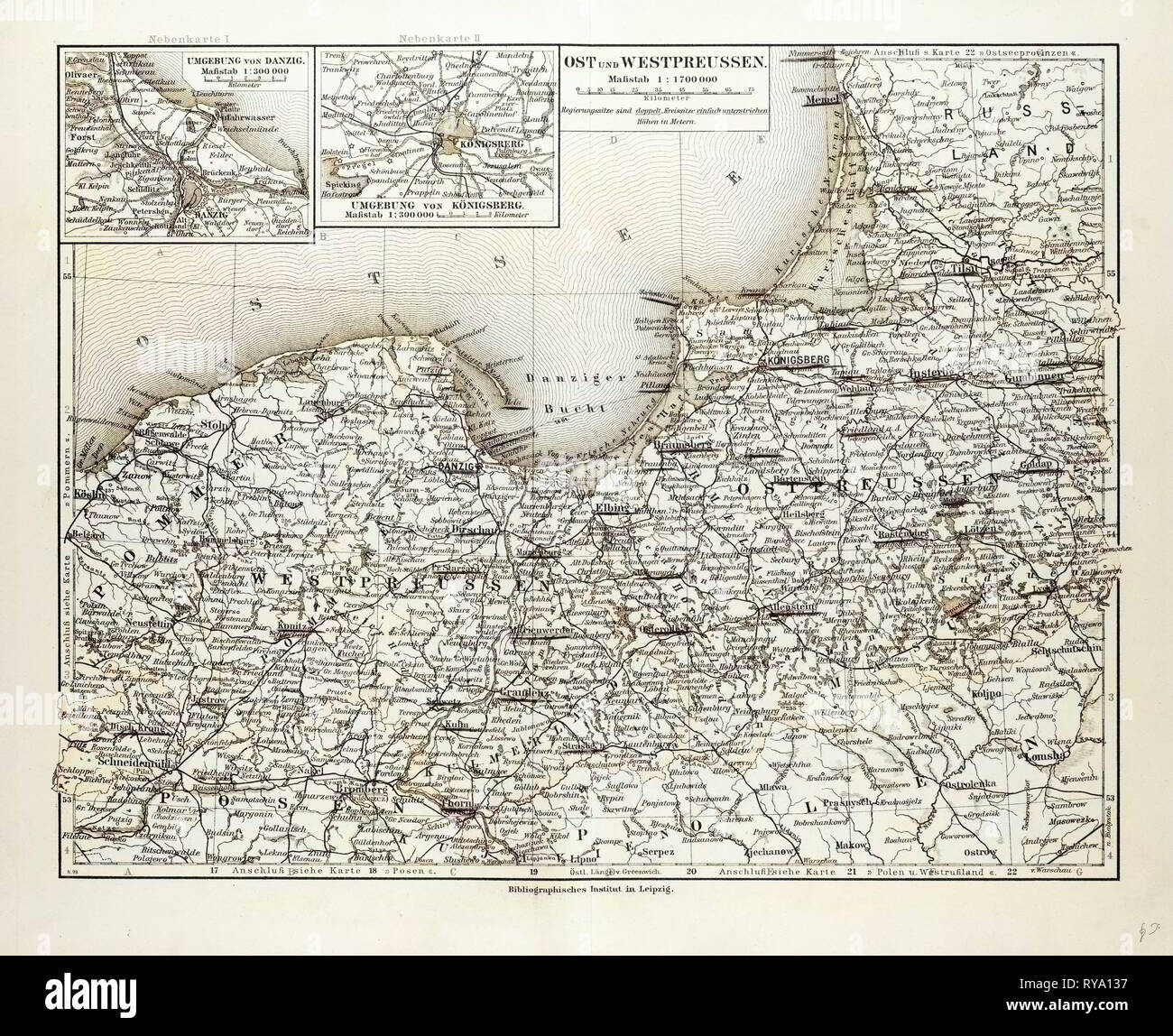 Karte von Ost und West Preußen Königsberg (Kaliningrad Russland) und Danzig (Polen) 1899 Stockfoto