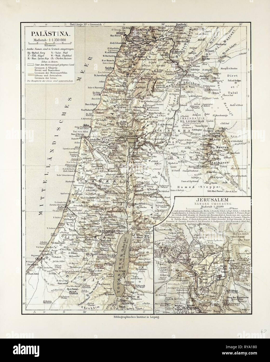 Karte von Israel Jerusalem im südlichen Teil von Syrien, Libanon, den westlichen Teil von Jordanien 1899 Stockfoto