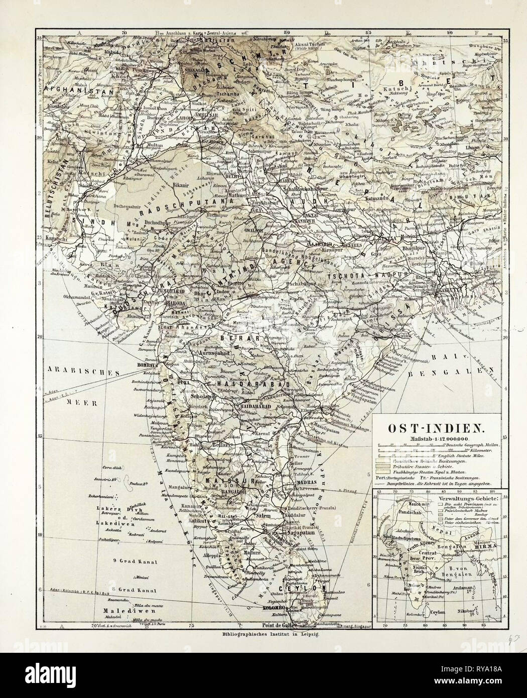 Karte von Indien, Pakistan und Tibet 1899 Stockfoto