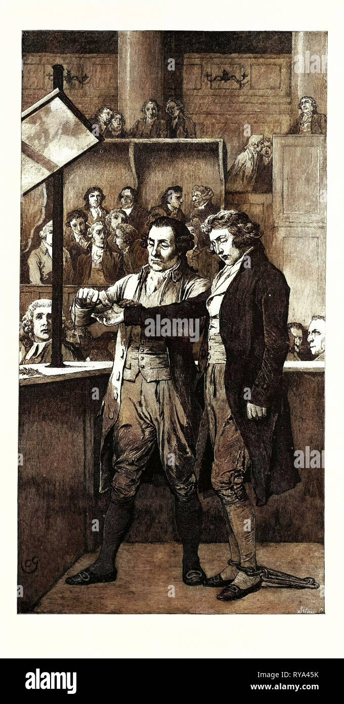 Wenn die Richter kamen zu der letzten Worte, die er in einer Schlinge der Garn- oder dünne Schnur meine Daumen und zog es Fest glitt Stockfoto