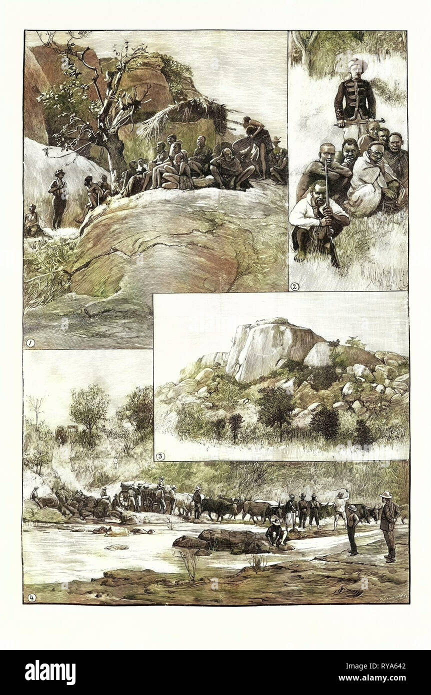 Die Expedition nach Mashonaland: 1. Banyai Flüchtlinge auf den Felsen die Flucht aus der Matabele. 2. Eingeborene der Norden Betschuanaland. 3. Ruinen des antiken Bauten auf Felsen in Mashonaland. 4. Kreuzung ein südafrikanischer Fluss Stockfoto