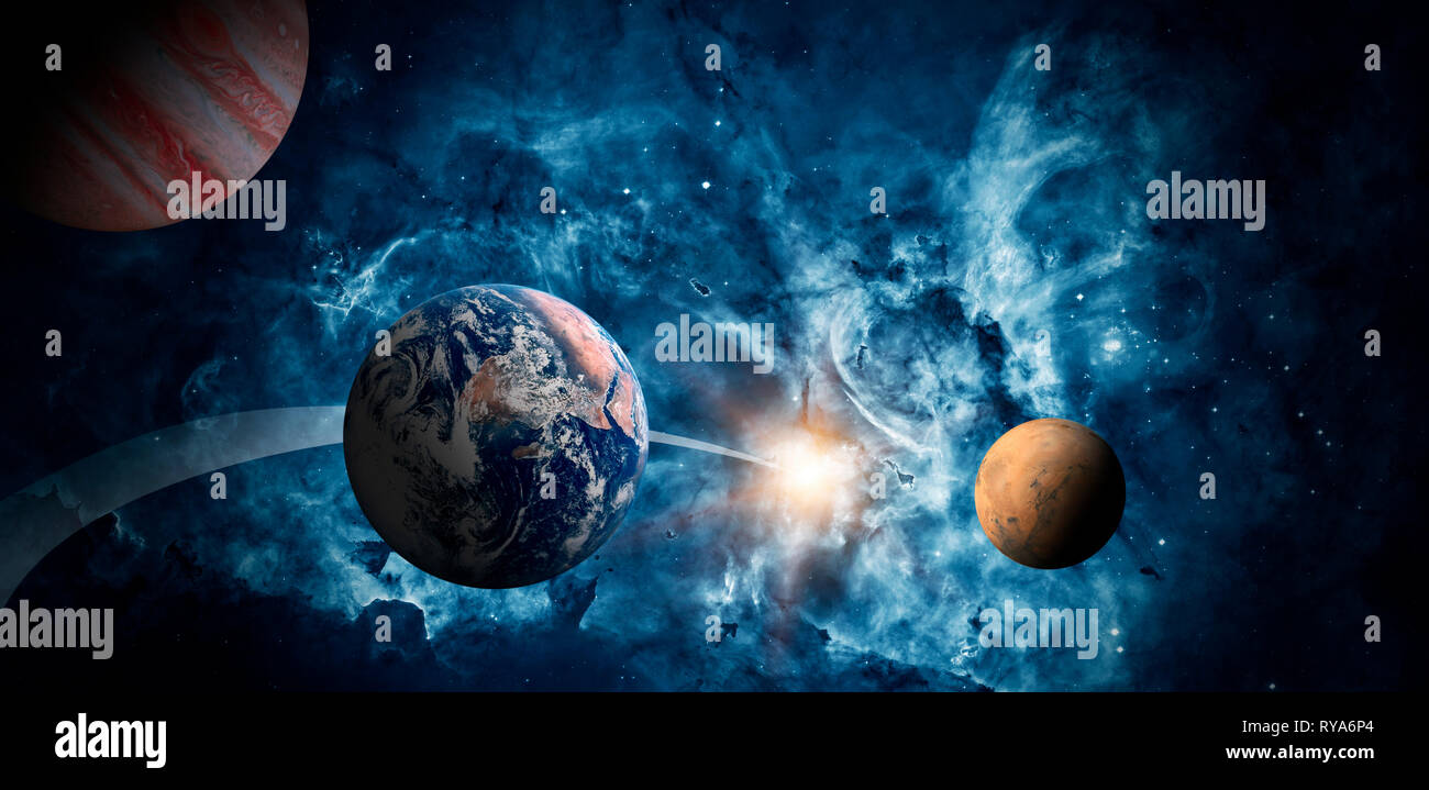 Planeten des Sonnensystems vor dem Hintergrund einer Galaxie im Raum. Stockfoto