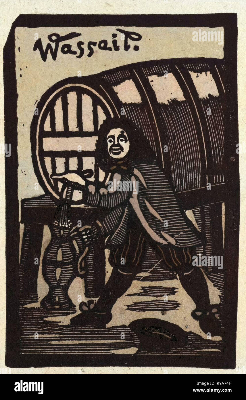 Abbildung: Englisch Geschichten Märchen und Balladen. Ein Mann das Füllen einer Kanne mit einem flüssigen Stoff aus einem Fass Stockfoto