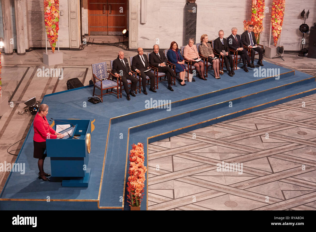 Kaci Kullmann Five, Chef des Nobelkomitees, macht ihr Redebeitrag die Motive, warum die Nationalen Dialog Quartett der Nobelpreis für den Frieden 2015 (Gonzales Foto/Stian S. Møller) verliehen wird. Stockfoto