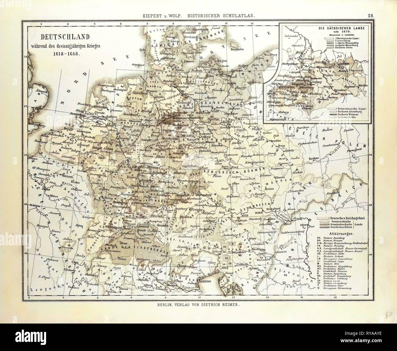 Karte von Deutschland während des Dreißigjährigen Krieges 1618 - 1648 Stockfoto