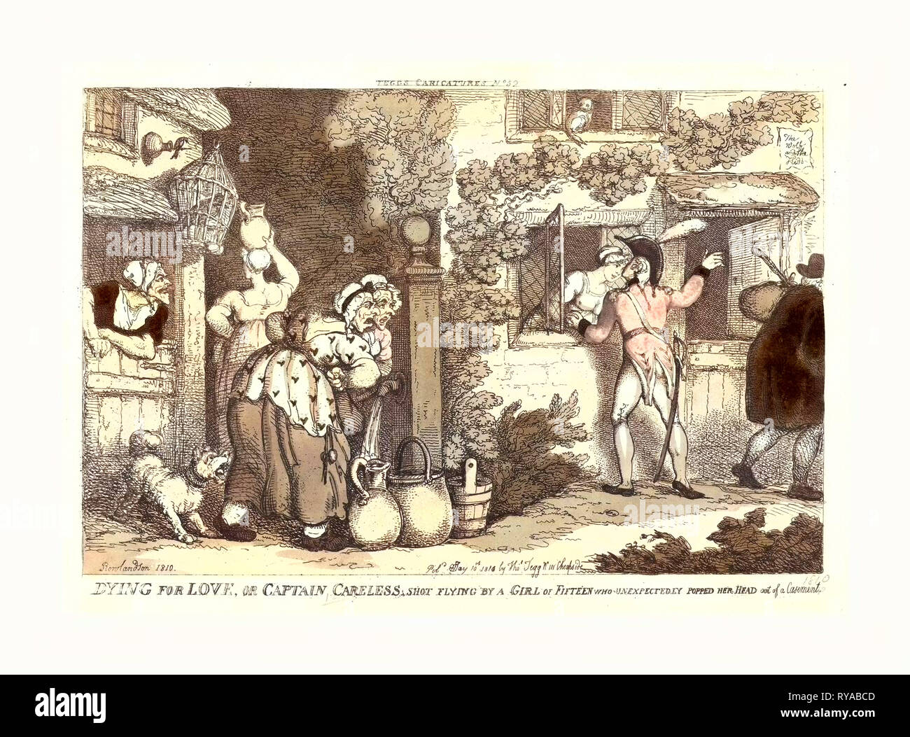 Thomas Rowlandson (British, 1756 1827), Sterben für Liebe, oder Kapitän unvorsichtigen Schuss fliegen durch ein Mädchen von fünfzehn, die unerwartet knallte ihren Kopf aus einem Casement, 1810, Handkolorierte Radierung Stockfoto