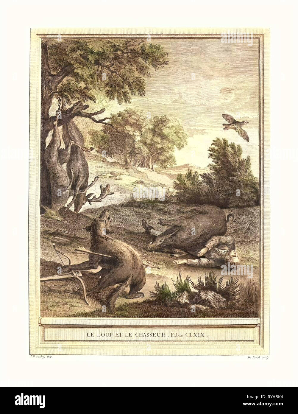 A.-J. De Fehrt nach Jean-Baptiste Oudry (Französisch, geboren 1723), Le Loup Et Le Chasseur (der Wolf und die Jäger), veröffentlicht 1756, Hand-Colored Ätzen, Geschenk des Herrn und Frau George W. Ware Stockfoto