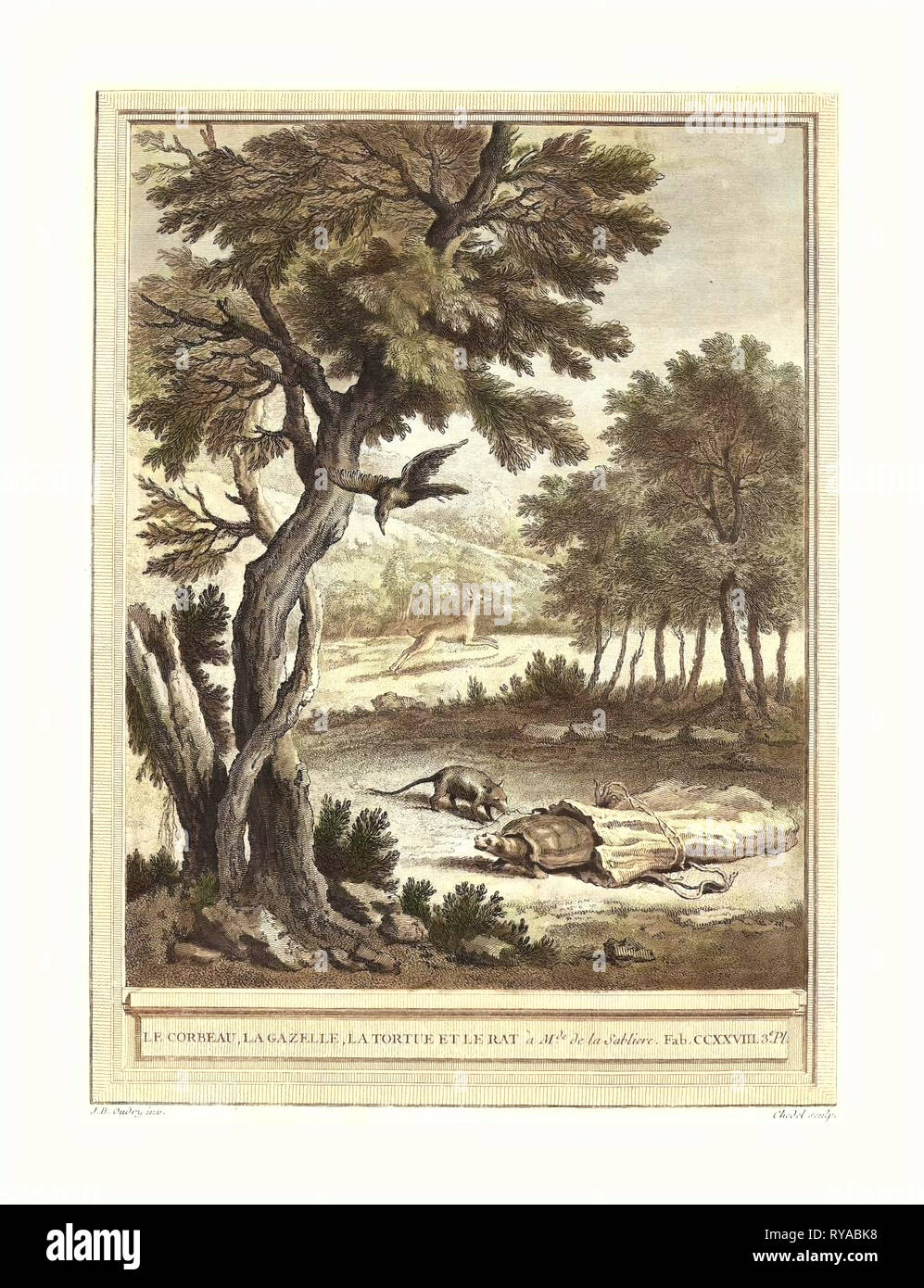 Quentin-Pierre Chedel nach Jean-Baptiste Oudry (Französisch, 1705-1763), Le Corbeau, La Gazelle, La Tortue Et Le Ratte (die Krähe, die Gazelle, die Schildkröte, und, veröffentlicht 1759, Hand-Colored Ätzen, Geschenk des Herrn und Frau George W. Ware Stockfoto Quentin-Pierre Chedel nach Jean-Baptiste Oudry (Französisch, 1705-1763), Le Corbeau, La Gazelle, La Tortue Et Le Ratte (die Krähe, die Gazelle, die Schildkröte, und, veröffentlicht 1759, Hand-Colored Ätzen, Geschenk des Herrn und Frau George W. Ware Stockfoto