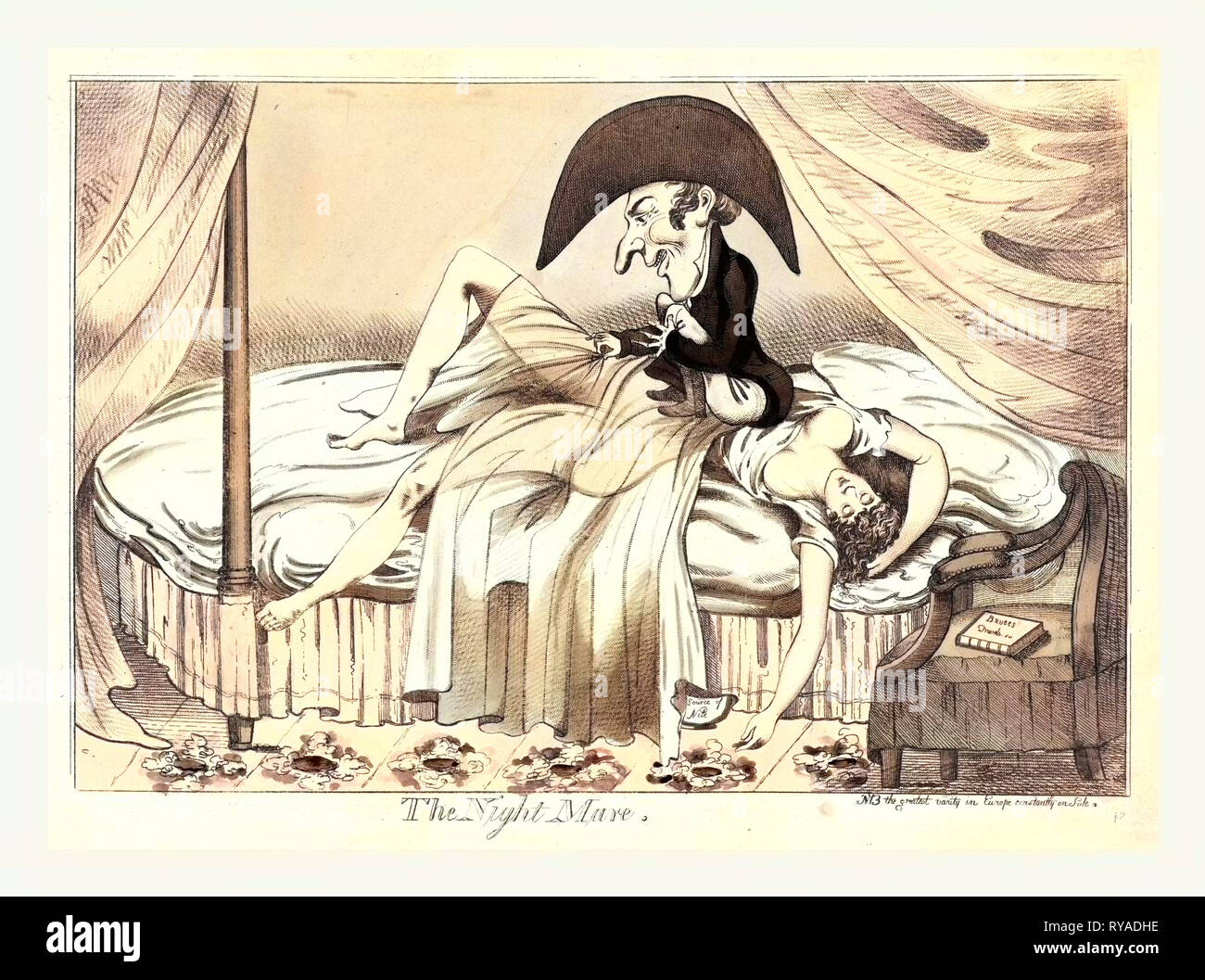 Die Nacht Mare, England Ca. 1790, eine spärlich bekleidete Frau schlafend auf dem Bett, ein kleiner Mann saß auf Ihrer Brust ziehen zurück Ihr see-through abdeckt, als eine Ihrer Waffen hängt auf dem Boden in der Nähe einer Kammer Topf auf Geschrieben Stockfoto
