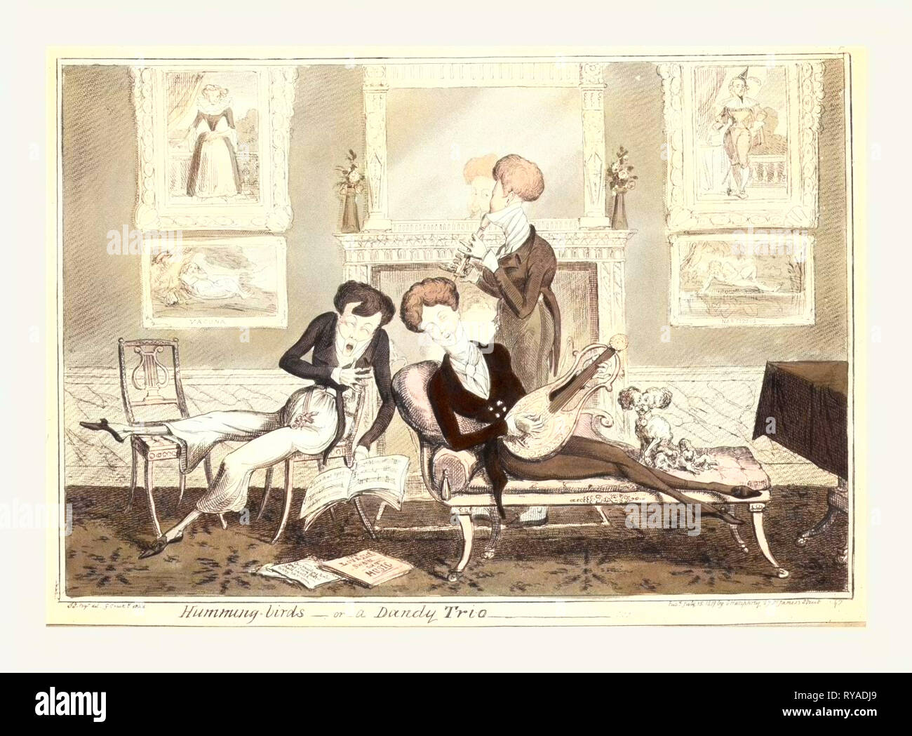 Kolibris oder ein Dandy Trio, Cruikshank, George, 1792-1878, Künstler, London, 1819, Drei modische Dandies Singen und Spielen von Instrumenten in einem Well-Furnished Zimmer Stockfoto
