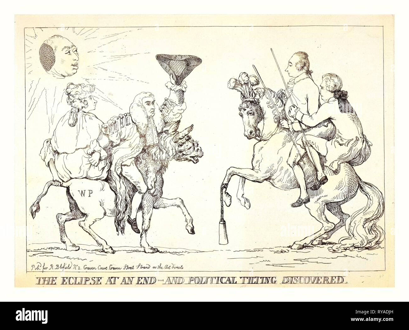 Die Eclipse zu Ende - und politische Neigung entdeckt, London, 1789?, Edward Thurlow und eine Frau, vielleicht Queen Charlotte, auf einem Esel beschriftet Wp (William Pitt?) Tragen ein Löwe Haut, eine teilweise verfinsterte Sonne (George III) über Ihnen, auf der rechten Seite zwei Männer auf einem Pferd Sitzen tragen die Federn des Prinzen von Wales, Es hat begonnen Nach hinten, aber hat ein Gewicht auf den vorderen befestigt am linken Bein. Stockfoto