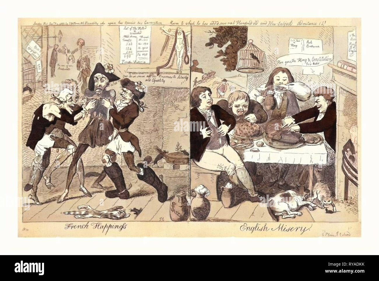 Französische Glück Englisch Elend, Cruikshank, Isaac, 1756?-1811?, Gravur 1793, auf der linken Seite, vier Zerlumpten und Hungernden Sansculottes kämpft Über einen Frosch, eine Katze wurde fallen tot zu Ihren Füßen und Szenen des Todes im Hintergrund, auf der Rechten Seite, eine Szene, die in einer englischen Taverne mit einem Tisch, beladen mit Lebensmitteln und vier Männer Überessen, fetter Hund auf dem Boden liegt, und eine Katze hat eine Maus gefangen Stockfoto